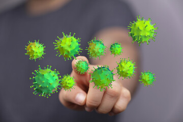 3D render illustration showing a hand interacting with a digital representation of a virus. Concepts of infect
