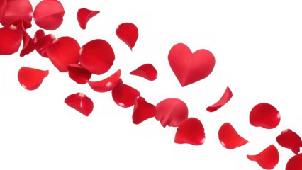 Falling red rose petals and heart isolated on transparent background