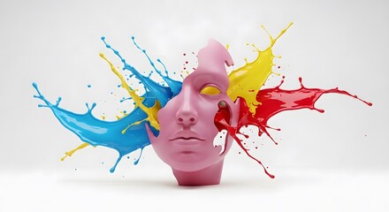 Pink head sculpture exploding with paint