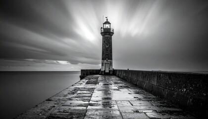 Dramatic black and white lighthouse scene with long exposure clouds.