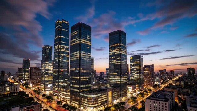 Modern Glass Skyscrapers in Vibrant City Skyline at Sunset