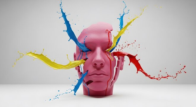 Exploding head sculpture with colorful paint splash - Powered by Adobe
