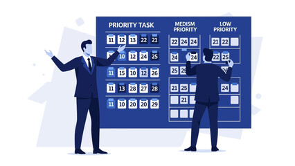 Businessmen organizing tasks on a priority board, business planning, project management concept