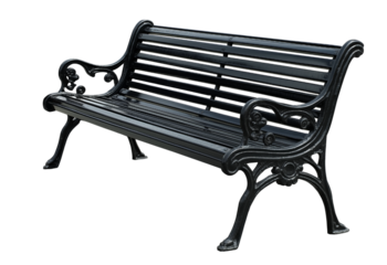Ornate black metal park bench with detailed cast iron legs and armrests isolated on a transparent background