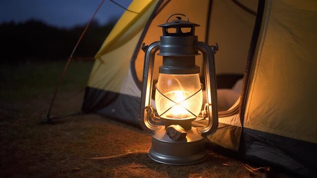 Vintage kerosene lantern glowing brightly in front of a camping tent at dusk antique light