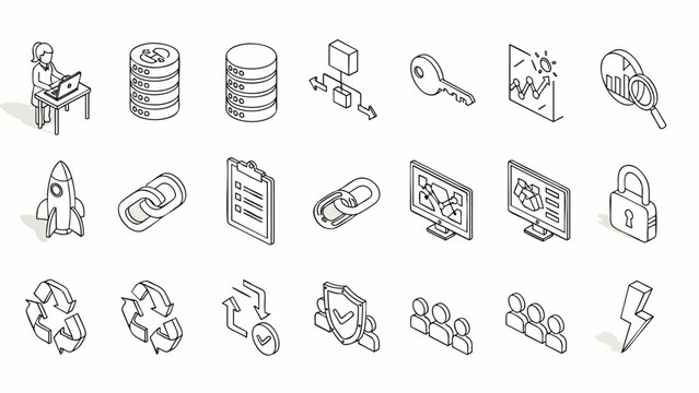 Isometric icons set for business, technology, and finance concepts. Data, security, teamwork, and startup elements.