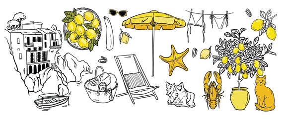 Italian summer beach elements vector set, hand drawn sea weekend doodle illustration with lemon harvest, swimsuit, lobster, seashell, chaise lounge and umbrella, Amalfi coast dolce vita sketch