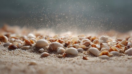 A detailed close up of fine beach sand and numerous small seashells with tiny particles suspended in the air