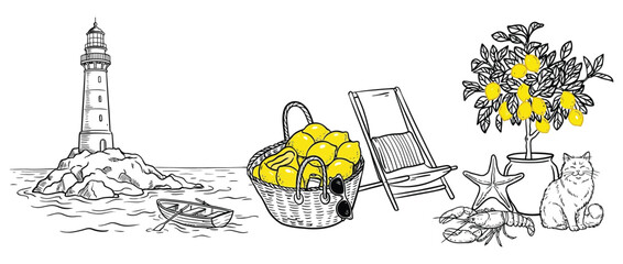Italian summer beach elements vector set, hand drawn sea weekend doodle illustration with lemon harvest, swimsuit, lobster, seashell, chaise lounge and umbrella, Amalfi coast dolce vita sketch