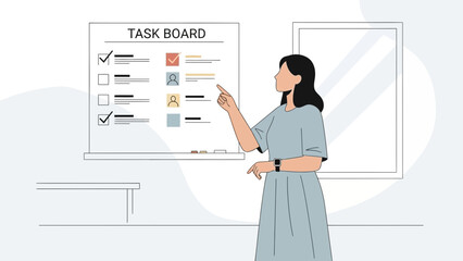 Businesswoman points to task board with checklist and team assignments