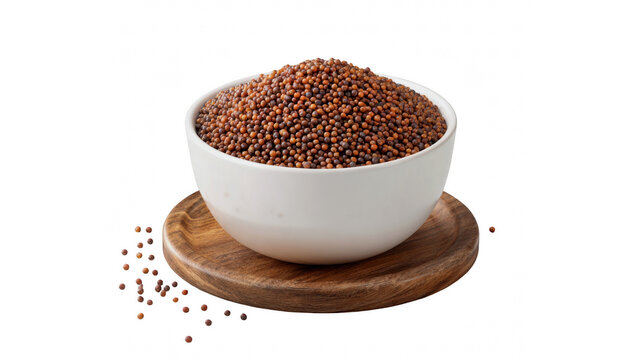 A bowl of ragi seeds on a wooden coaster