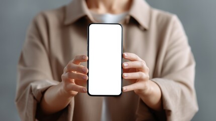 A person stands with both hands holding a blank smartphone. The background is simple and the person is dressed casually. This scene suggests a focus on technology.