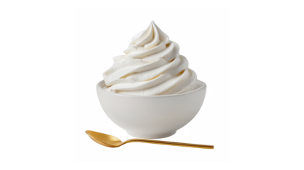 Creamy vanilla soft serve ice cream in a white bowl with a golden spoon