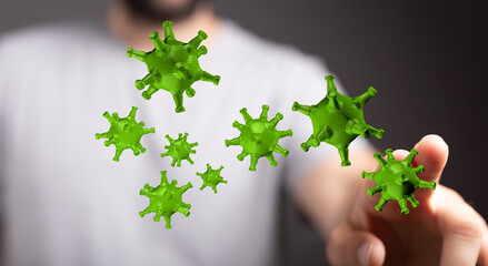 Concept of health care, medicine and technology with coronavirus touching concept with hand and virus, isolate