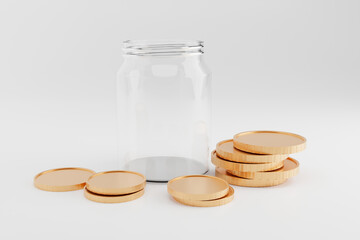 Pile of gold coins around empty glass jar. Saving money concept. 3D rendering.