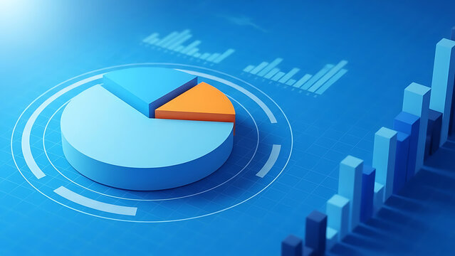 3d pie chart and bar graph on blue background with white graphics elements - Powered by Adobe