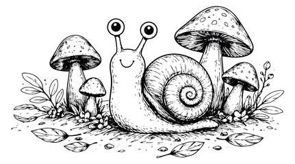 Fototapeta premium Hand drawn line art illustration of a cute snail depicting it smiling among mushrooms for nature themed designs