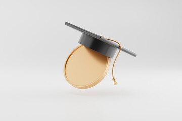 A graduation cap is placed on a medal floating in mid-air. Education cost concept. 3D rendering.
