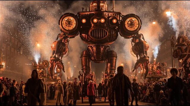 Carnival Parade With Giant Floats And Fireworks