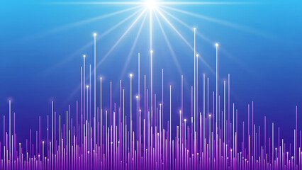 Vibrant purple and blue light beam cityscape with radiant sunburst