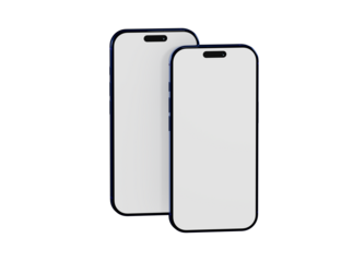 Two smartphones side by side with blank screens on white background, ideal for app mockups, website design, adve