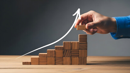 Business growth concept with wooden blocks and hand holding block