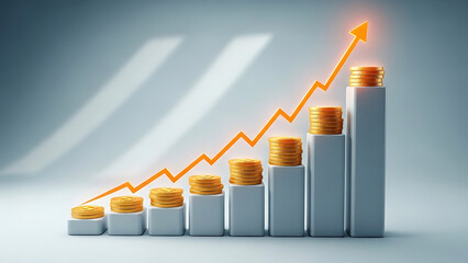Business growth chart with increasing stacks of coins and rising orange arrow