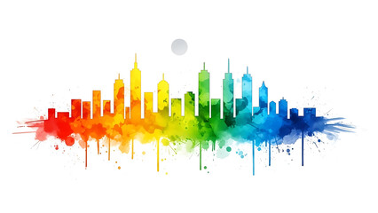 Vibrant rainbow cityscape with colorful skyline isolated on white background