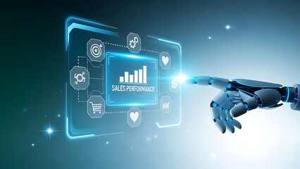 Robot hand reaching out to touch a futuristic digital interface with analytics and icons