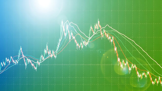 Financial graph with declining trend lines and stock market data on green background - Powered by Adobe