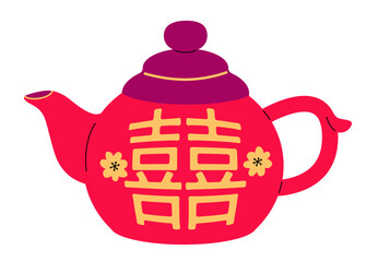 Chinese Wedding Teapot. Flat Vector Illustration with Double Happiness Symbol. Tea ceremony tradition.
