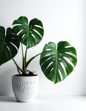 Monstera plant with big green leaves in a white pot on white isolated background 