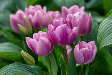 Fototapeta premium Pretty pink tulips blooming in a hosta garden.