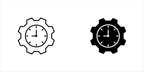 Gears with clock, linear icon set. Time optimization and workflow efficiency. Line with editable stroke.