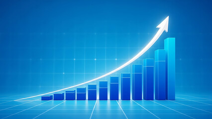 A blue bar graph with an upward trend and a white arrow