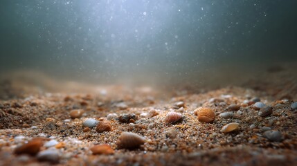 Underwater sandy seabed with tiny shells illuminated by shimmering light beams