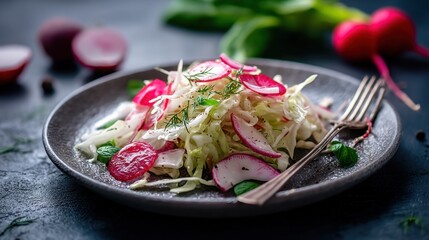 A salad is prepared with sliced cabbage and radishes. Fresh herbs add flavor. A fork rests next to the dish. The scene is set in a kitchen with ingredients in the background.