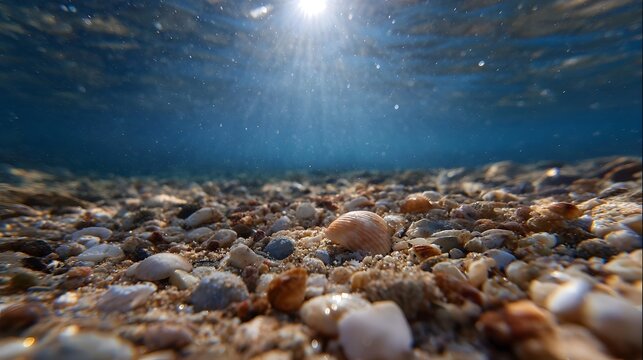 Sunlight streams through clear blue water onto a pebble and shell covered seabed