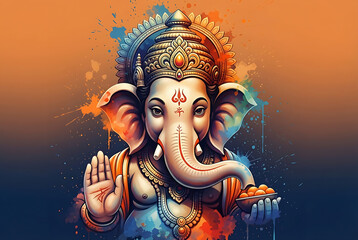 Colorful digital painting of hindu god ganpati with blessing hand and ladoo bowl for gankashti chaturthi and sankashti chaturthi religious holiday background wallpaper