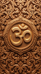 Sacred Om Wood Carving Seamless Pattern, Thai Temple Style 3D Teak Engraving, Warm Golden Light