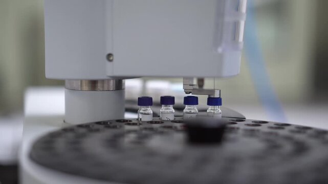 Laboratory automated analyzer processing multiple vials of reagent samples on a rotating platform