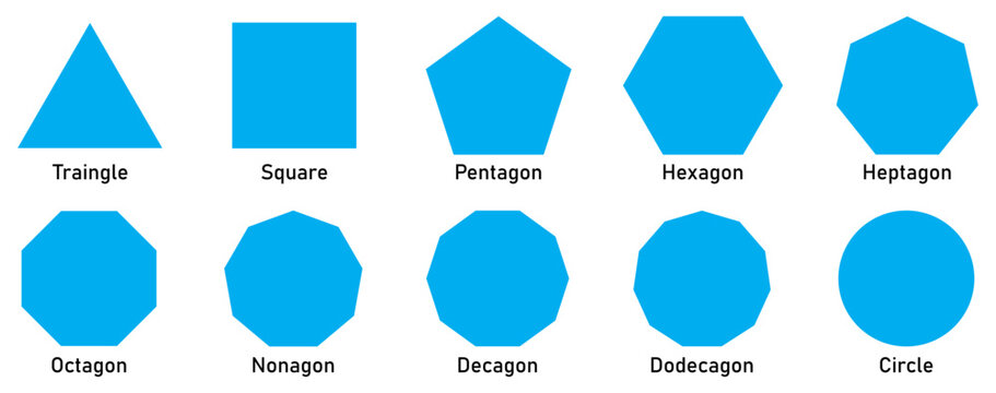 Educational chart of basic geometric shapes including triangle, square, pentagon to dodecagon and circle in blue style. Vector illustration. Flat design.