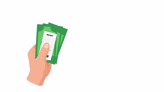 A clean 2D flat vector animation of a human hand holding a receipt and cash money, transparent background, alpha channel.