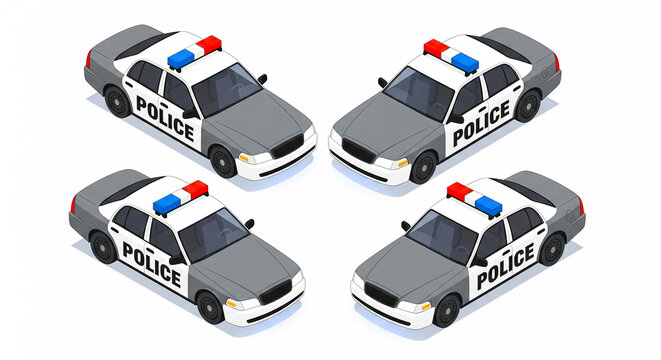 Four isometric views of a classic gray and white police patrol car featuring rooftop emergency lights and bold lettering clearly marking the vehicle as law enforcement
