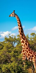 Obraz premium Graceful giraffe, long neck stretching to reach acacia leaves, towering presence, nature, savanna