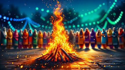 Traditional indian lohri festival celebration featuring large glowing bonfire with group of women standing in background wearing colorful ethnic dresses at night