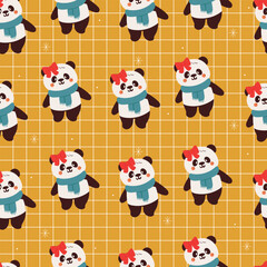 seamless pattern cute cartoon panda with blue scarf and red bow. cute animal wallpaper in checkered style for winter season