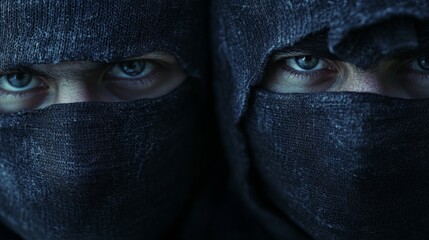 Gaze of two masked individuals with intense blue eyes, blurred in background for focus on expressions.