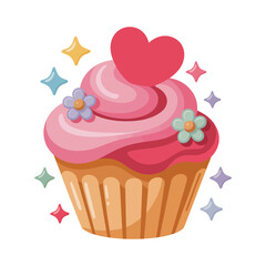 Cupcake with Heart and Flowers Illustration on White Background