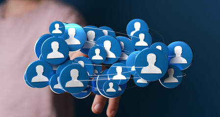 Concept of global business network structure and connection using digital icons representing users and communication.